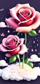 Artistic mobile wallpaper with pink roses and clouds.