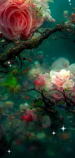 Captivating underwater floral wallpaper with pink roses and teal background.