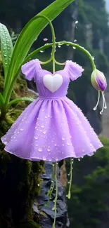 Whimsical purple dress growing from a flower in a natural setting.