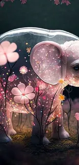 Enchanting floral elephant under a starry sky in captivating pink tones.