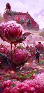 Surreal pink floral fantasy landscape with cottages and oversized flowers.