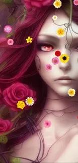 Fantasy character surrounded by pink roses and vines.