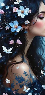 A mystical woman with floral and butterfly decorations.