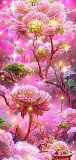 Vibrant, glowing fantasy floral wallpaper with pink flowers and magical elements.