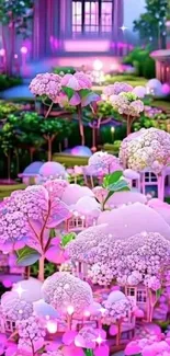 Enchanting floral fantasy garden with vibrant pink blossoms and magical lights.