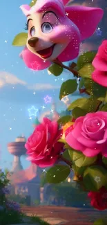 Whimsical scene with pink roses and a cartoon flower in a fantasy garden.