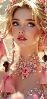 Enchanting woman with floral details and miniatures in pink.