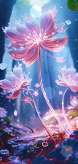 Enchanting pink flowers in dreamy forest setting wallpaper.