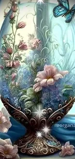 Enchanting floral and butterfly design with blue curtains behind a glass globe.