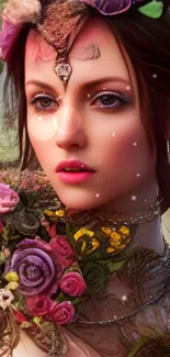 Mystical woman with floral crown in enchanting fantasy wallpaper.