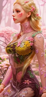 Blonde woman in floral dress standing amidst pink blossoms.