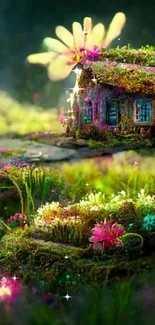 Fantasy landscape with cottage and vibrant flowers in a lush setting.