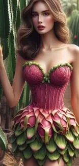 Model in a dragon fruit-inspired floral dress with a lush green background.