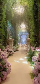 Enchanting garden path with flowers and chandeliers.