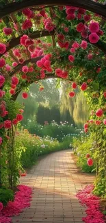 Enchanting garden pathway with vibrant floral arch.
