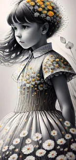 Artistic wallpaper of a girl in a floral dress with grayscale tones.