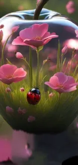 A glass apple encasing vibrant pink flowers and a ladybug, serene and elegant.