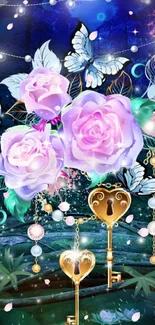 Enchanting wallpaper with pink roses and golden keys.