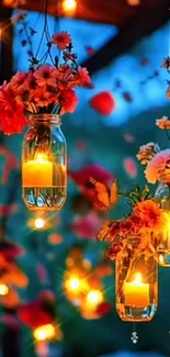 Hanging floral lanterns glowing at night.