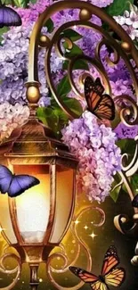 Floral lantern with butterflies and purple flowers on mobile wallpaper.