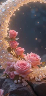 Moonlit rose arrangement with fantasy elements.