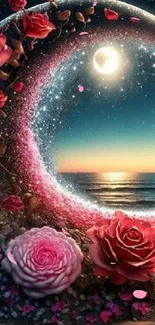 Magical moonlit beach with roses and ocean.