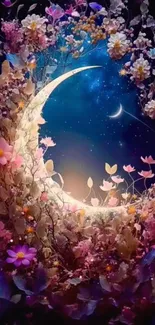 Floral crescent moon with stars and flowers under a dark sky.