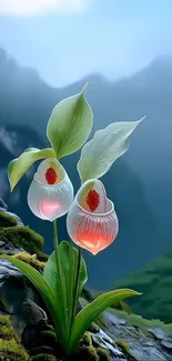 Glowing flowers in a lush, green landscape.