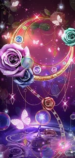 Enchanting floral night wallpaper with roses and glowing accents.