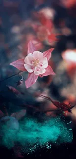 Mobile wallpaper with pink flower and turquoise smoke in dark setting.