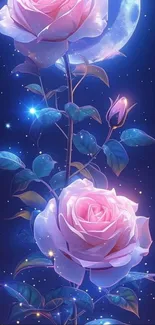 Pink roses with a starry night sky.