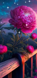 A vibrant floral nightscape with pink peonies and a twilight sky.