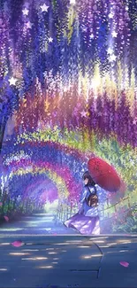 A character walks under a canopy of vibrant purple flowers.