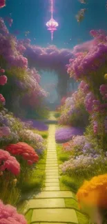 Magical floral pathway with vibrant colors and dreamy atmosphere.