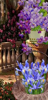 Purple and blue flowers in a serene garden wallpaper.