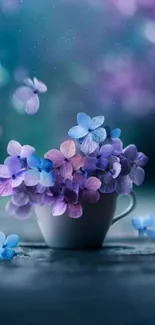 Purple hydrangeas in a teacup mobile wallpaper.