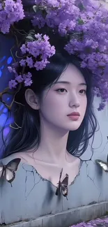 Mystical portrait with flowers and butterflies.