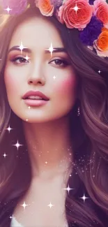 Woman with floral crown and sparkles in dreamy portrait wallpaper.