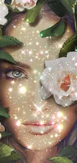 Mystical face with flowers and sparkles mobile wallpaper.