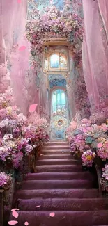 Enchanting staircase with pastel flowers in a dreamlike art setting.