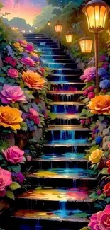 Vibrant floral stairway with lanterns glowing in a magical garden setting.