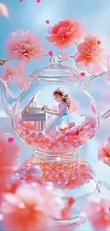Whimsical floral teapot with piano scene
