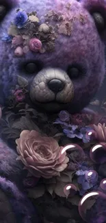 A purple teddy bear adorned with flowers and bubbles, perfect wallpaper for mobile.