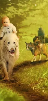 A baby riding a dog in an enchanting green forest setting.