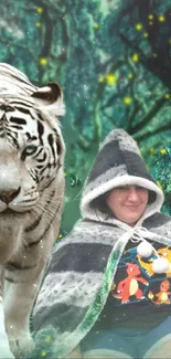 Enchanting forest scene with tiger and person in cloak.