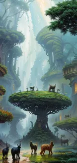 Mystical forest with animals and whimsical tree structures in enchanting colors.