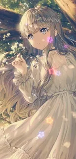 Anime girl in a magical forest setting with flowing dress.