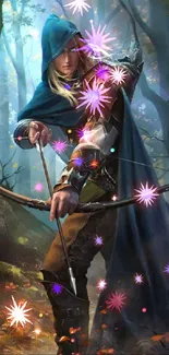 Mystical archer in an enchanting forest scene.