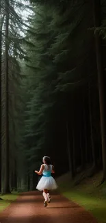 A girl in a tutu runs through a lush, dark forest path.