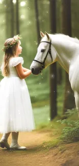 Girl with white horse in lush green forest scene.